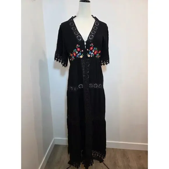 FOREVER 21 Black Floral Embroidered Long Duster SHORT SLEEVE LACE TRIM Size L - Picture 5 of 12